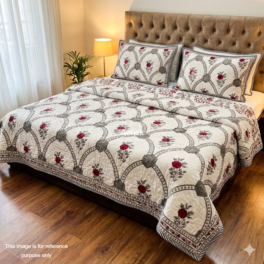 Grey Jaal Handblock Reversible Mulmul Cotton Quilt