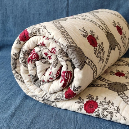 Grey Jaal Handblock Reversible Mulmul Cotton Quilt