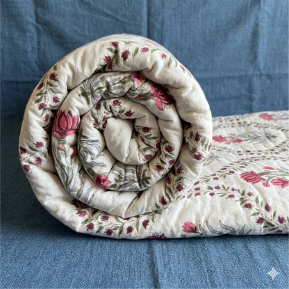 Red Lotus Jaal Handblock Reversible Mulmul Cotton Quilt