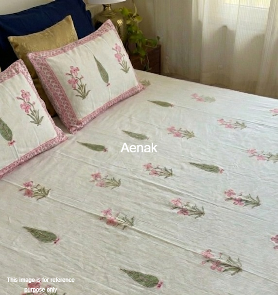 Pink Madhumati Handblock Bedsheet + Dohar Combo Set