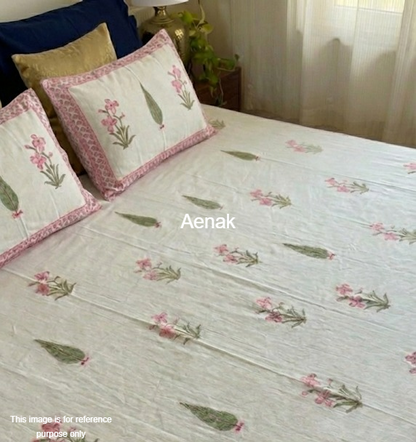 Pink Madhumati Handblock Bedsheet + Dohar Combo Set