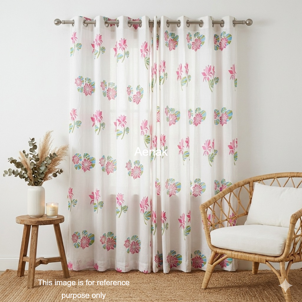 Pink Geometric Lotus Eyelet Handblock Curtains