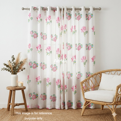 Pink Geometric Lotus Eyelet Handblock Curtains