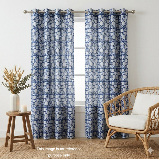 Blue Overall Floral Eyelet Handblock Curtains