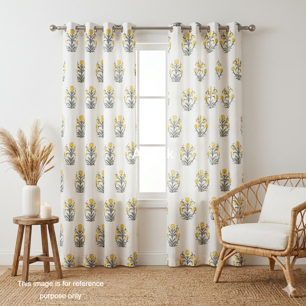 Yellow Lotus Eyelet Handblock Curtains