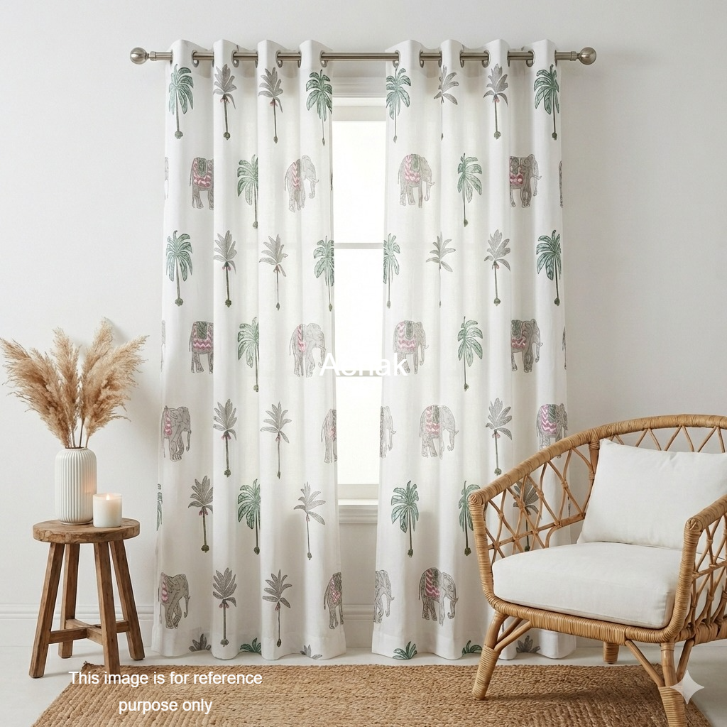 Grey Elephants Eyelet Handblock Curtains