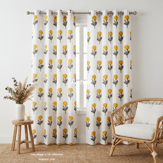 Yellow Marigold Eyelet Handblock Curtains