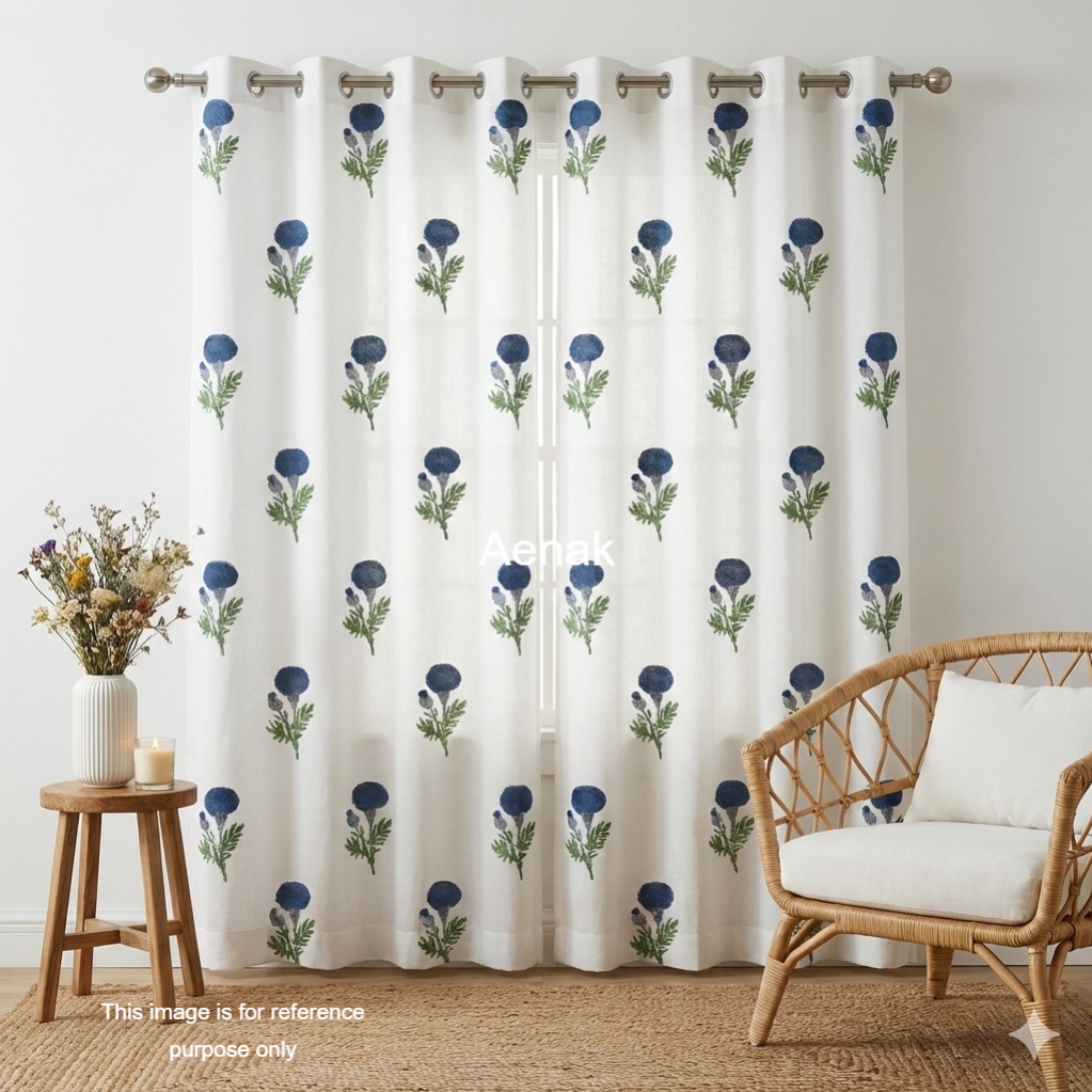 Blue Marigold Eyelet Handblock Curtains