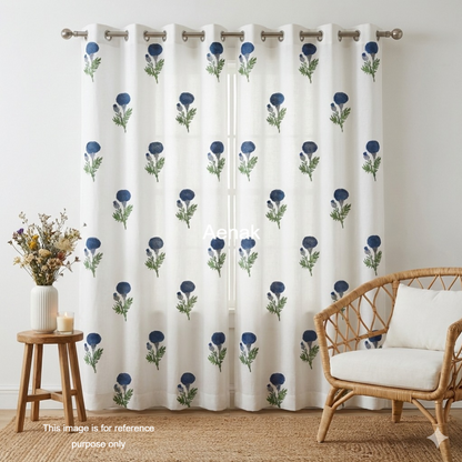 Blue Marigold Eyelet Handblock Curtains