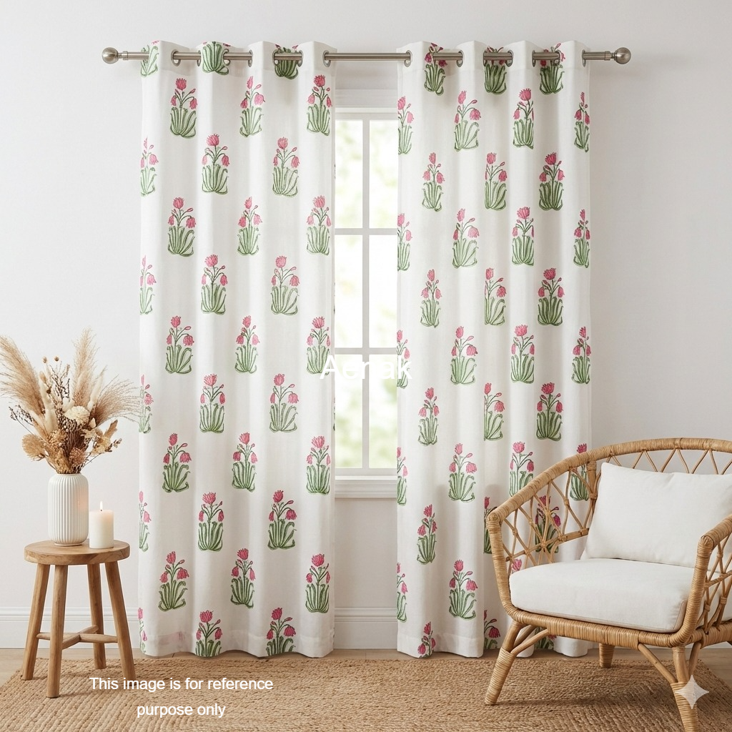 Pink Lotus Eyelet Handblock Curtains
