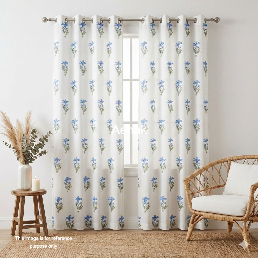 Blue Lily Eyelet Handblock Curtains