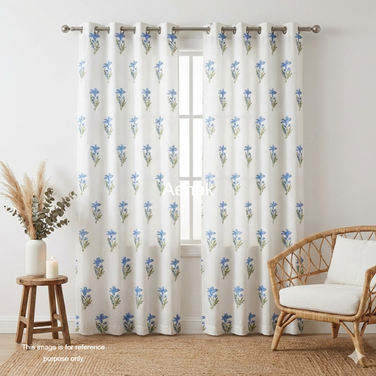 Blue Lily Eyelet Handblock Curtains