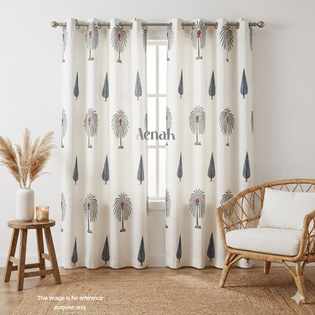 Grey Palm Eyelet Handblock Curtains