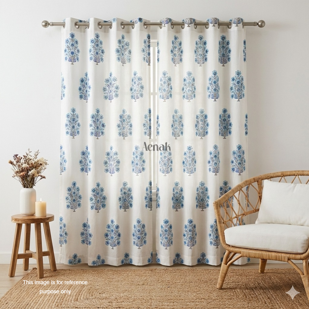 Turquoise Blue Floral Eyelet Handblock Curtains