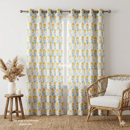 Yellow Pichwai Lotus Eyelet Handblock Curtains