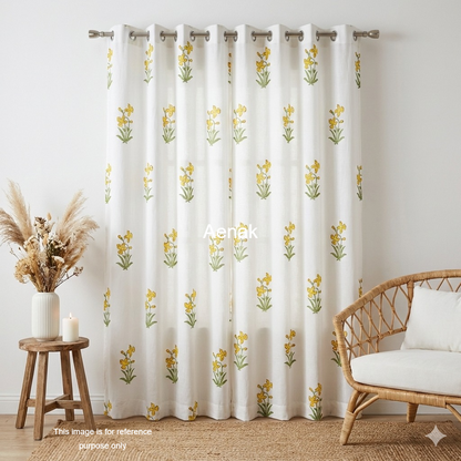 Yellow Periwinkle Eyelet Handblock Curtains