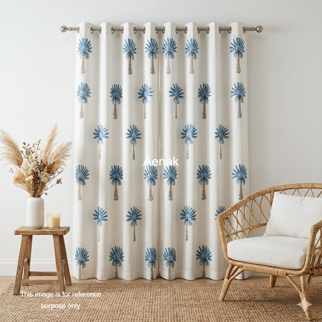 Blue Palm Eyelet Handblock Curtains