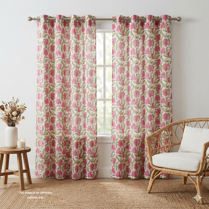 Pink & Green Floral Eyelet Handblock Curtains