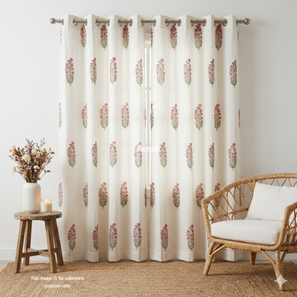 Pink & Green Floral Eyelet Handblock Curtains