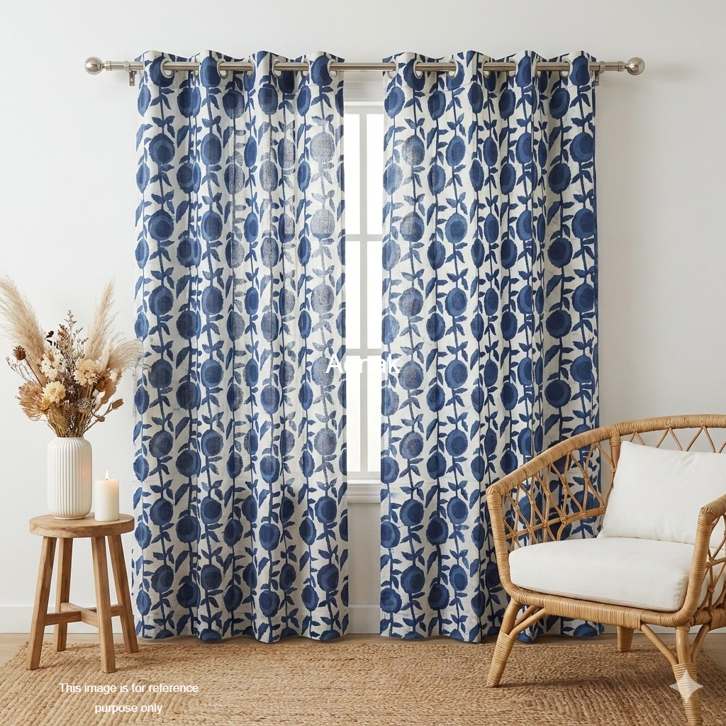 Blue Floral Eyelet Handblock Curtain