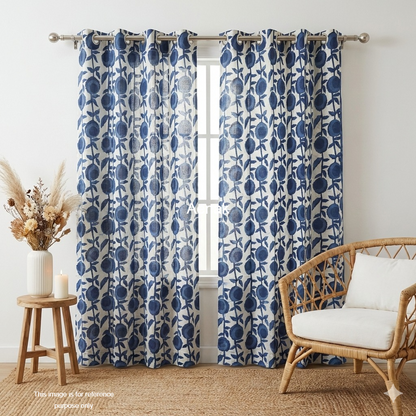 Blue Floral Eyelet Handblock Curtain