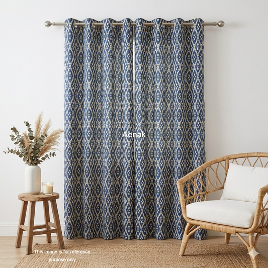 Blue Triange Eyelet Handblock Curtains