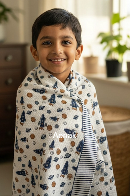 Rocket & Space Handblock Printed Waffle Cotton Bathing Towel
