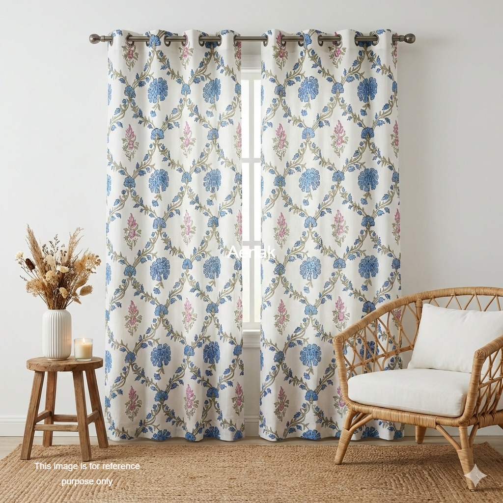 Blue & Pink Jaal Eyelet Handblock Curtains