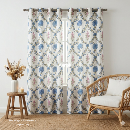 Blue & Pink Jaal Eyelet Handblock Curtains