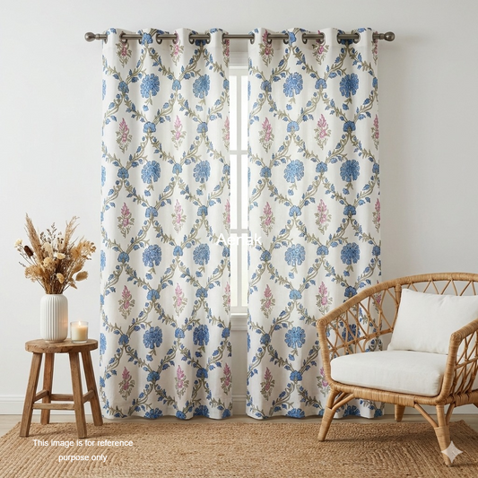 Blue & Pink Jaal Eyelet Handblock Curtains