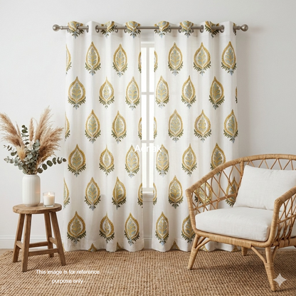 Yellow & Blue Leaf Eyelet Handblock Curtains