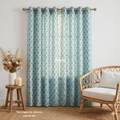 Blue Little Flower Eyelet Handblock Curtains