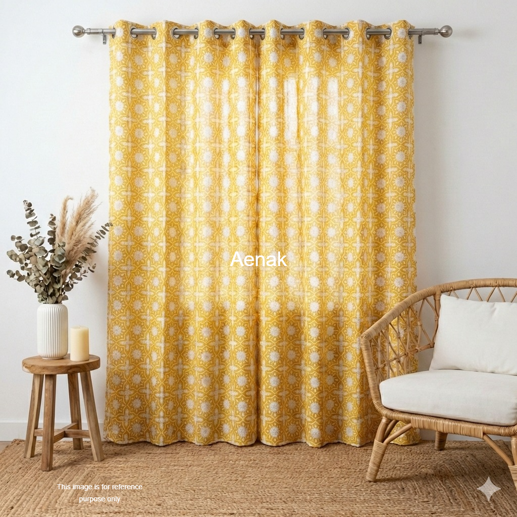 Yellow & White Floral Jaal Eyelet Handblock Curtains