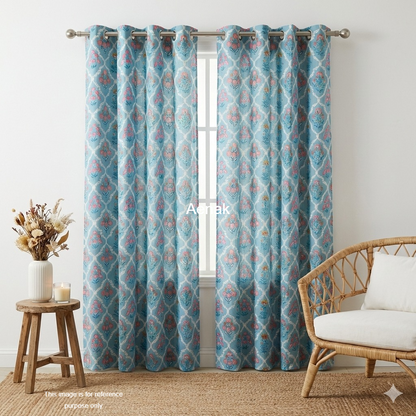 Blue & Pink Floral Jaal Eyelet Handblock Curtains