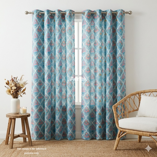 Blue & Pink Floral Jaal Eyelet Handblock Curtains