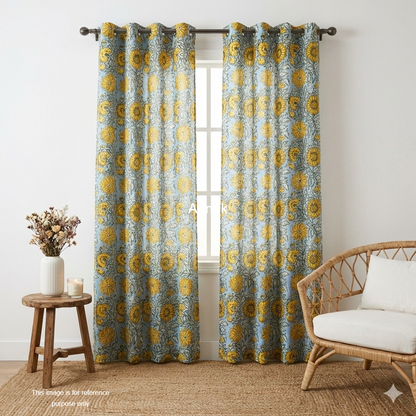 Blue Yellow Sunflower Eyelet Handblock Curtains