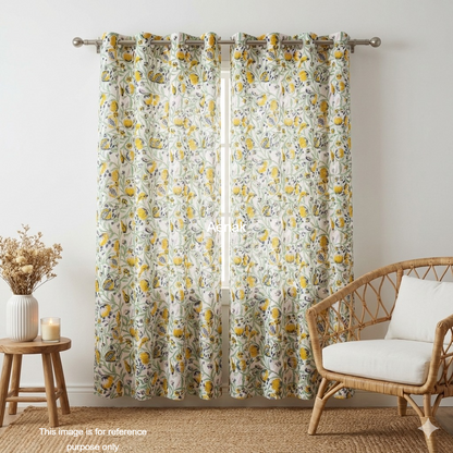 Yellow & Blue Floral Jaal Eyelet Handblock Curtains