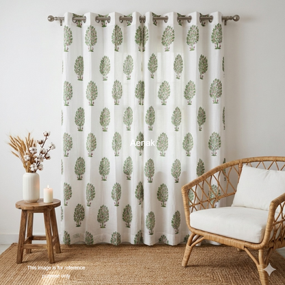 Green & Red Anaar Tree Eyelet Handblock Curtains
