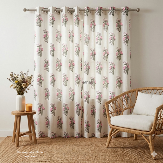 Pink & Green Hibiscus Eyelet Handblock Curtains