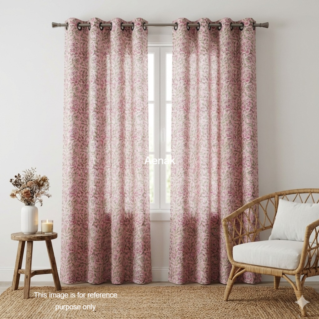Pink & Green Jaal Eyelet Handblock Curtain (Pink Base)