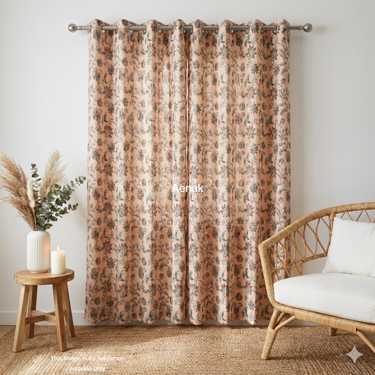 Blue Brown Floral Eyelet Handblock Curtains (Peach Base)
