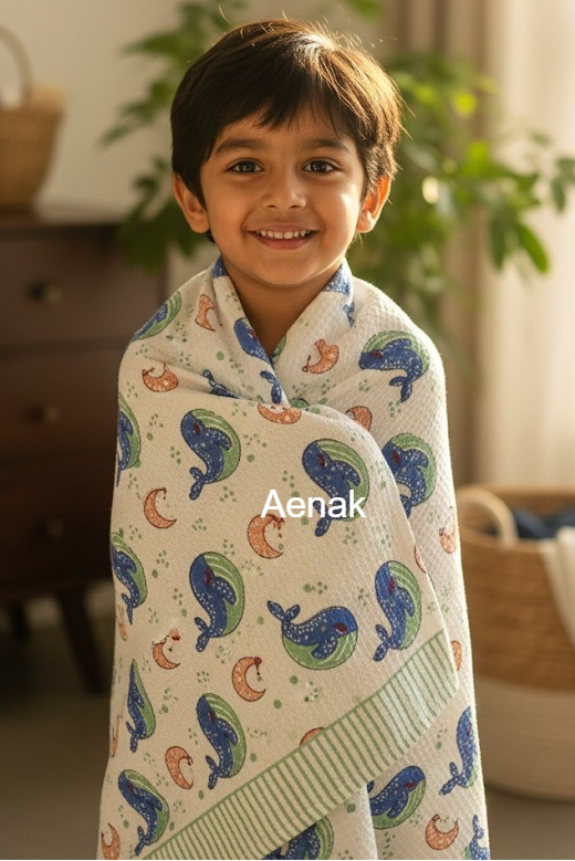 Blue Whale Handblock Printed Waffle Cotton Bathing Towel